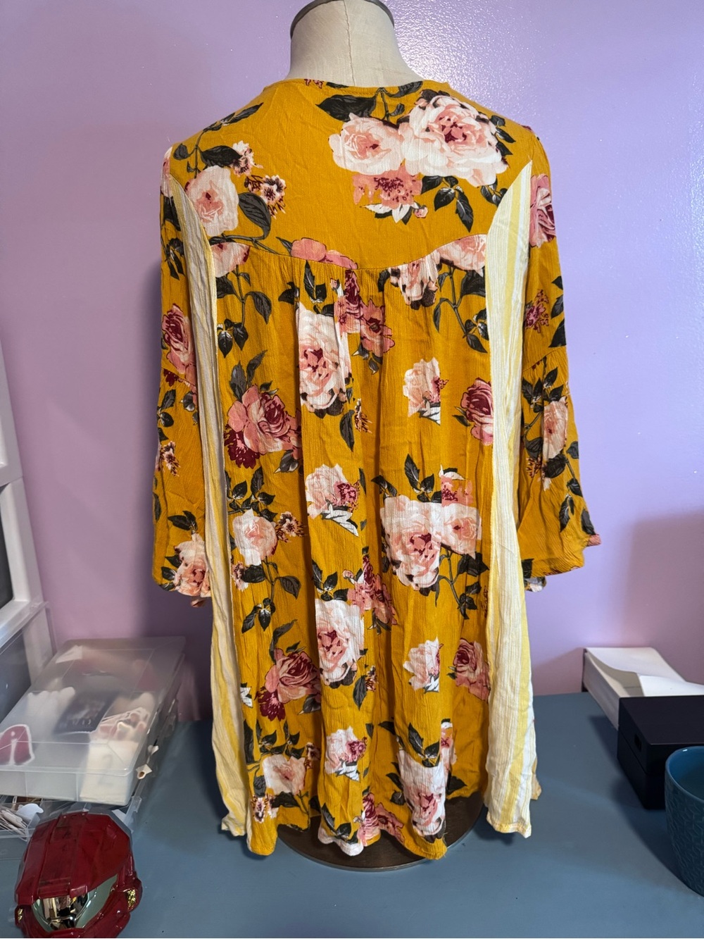 Umgee Mustard Floral V-Neck Crochet-Trim Mini Dress - Picture 2 of 3